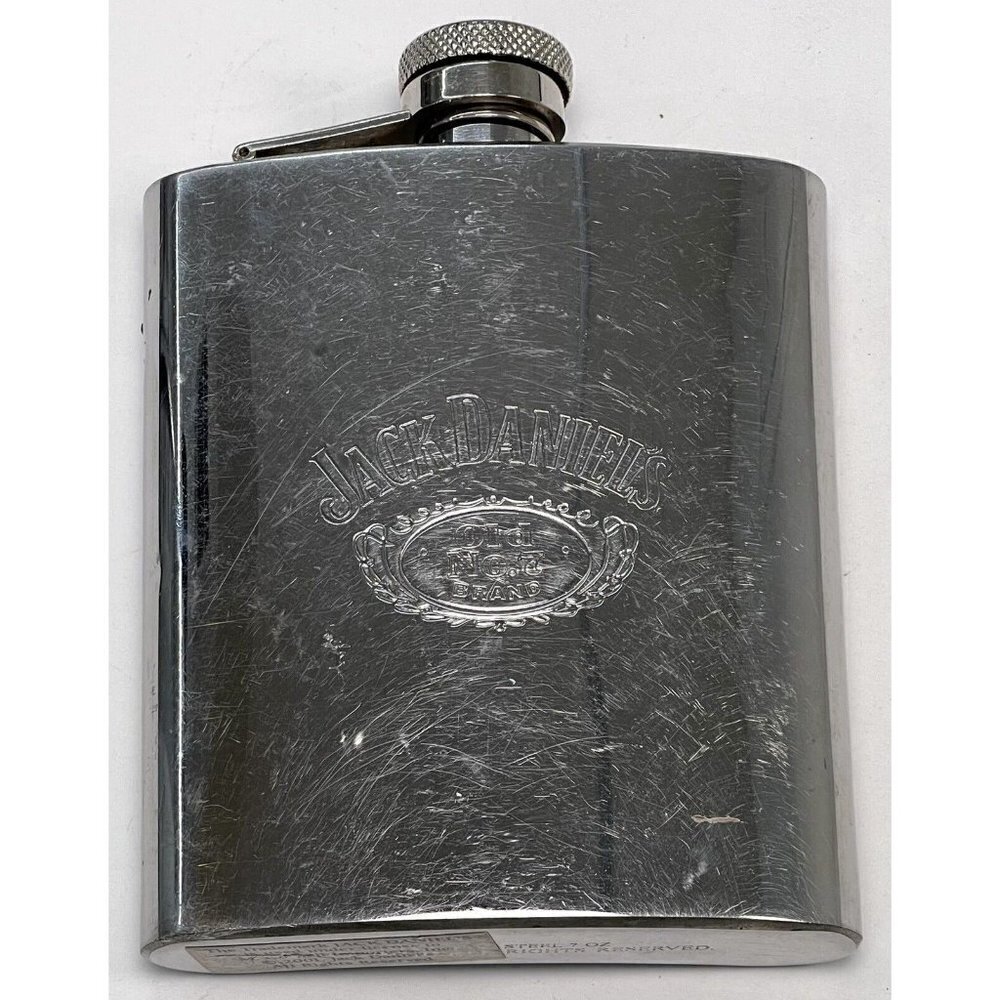 2002 JACK DANIELS Whiskey 7oz Stainless Steel Etched Logo Pocket HIP FLASK HTF